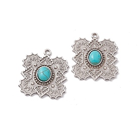 Synthetic Turquoise Pendants, Square Charms, with Rack Plating Alloy Findings