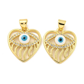 Rack Plating Brass Enamel Cubic Zirconia Pendants, Long-Lasting Plated, Lead Free & Cadmium Free, Real 18K Gold Plated, Herat with Evil Eye