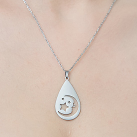 201 Stainless Steel Hollow Teardrop with Moon Pendant Necklace