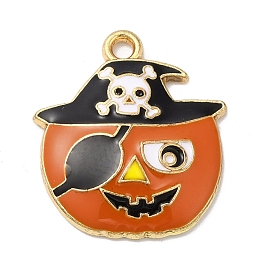 Halloween Alloy Enamel Pendants, Light Gold, Pumpkin with Skull & Hat