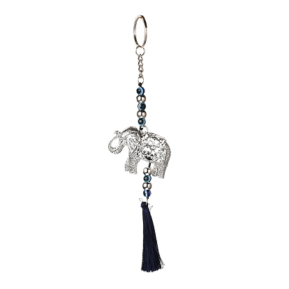 Elephant Alloy Big Pendant Decorations, with Evil Eye Resin Beads, Plastic Beads,  Polyester Tassels, Iron Findings, Wall Hanging Decoration