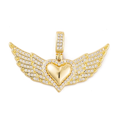 Brass Micro Pave Cubic Zirconia Pendants, Cadmium Free & Nickel Free & Lead Free, Real 18K Gold Plated, Heart with Wing