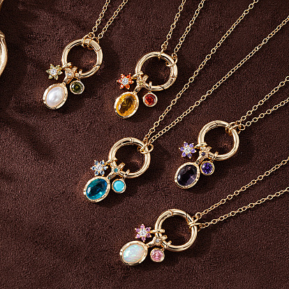 Подвески-кулоны из латуни с кубическим цирконием в форме овального цветка, символизирующего месяц рождения, и синтетическим опалом для женщин., золотые