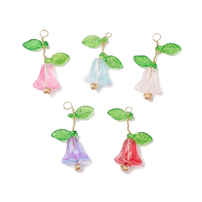 Стеклянные подвески, тюльпан, с акриловыми бусинами и светло-золотистой медной проволокой