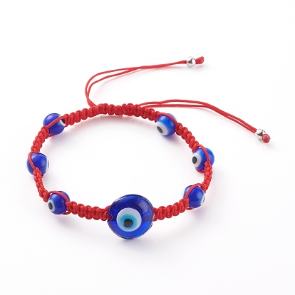 Adjustable Nylon Thread Braided Bead Bracelets, with Handmade Evil Eye Lampwork Beads