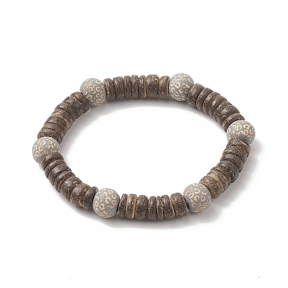 Painted Natural Wood & Coconut Beaded Stretch Bracelet for Men Women