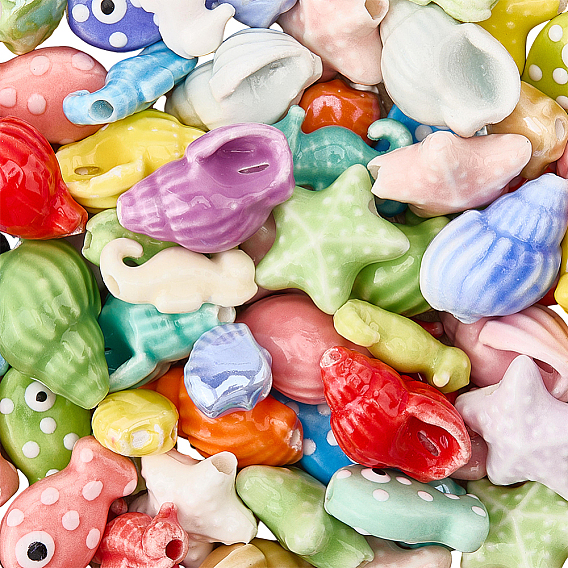 80Pcs 5 Styles Handmade Porcelain Beads, Bright Glazed Porcelain