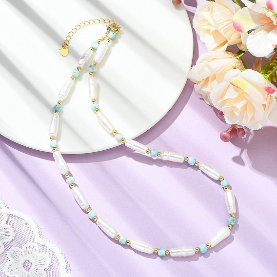 Faceted Cube Natural Larimar & Natural Baroque Keshi Pearl Column Beaded Necklaces, with Brass End Chains