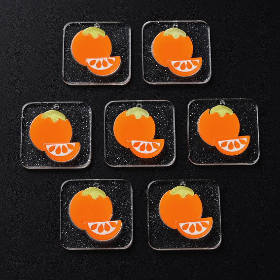 Cellulose Acetate(Resin) Pendants, with Glitter Powder, Rectangle with Orange