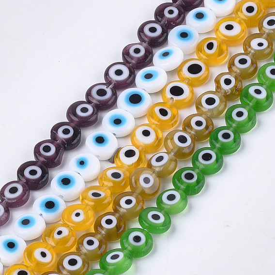 Handmade Evil Eye Lampwork Beads Strands, Flat Round