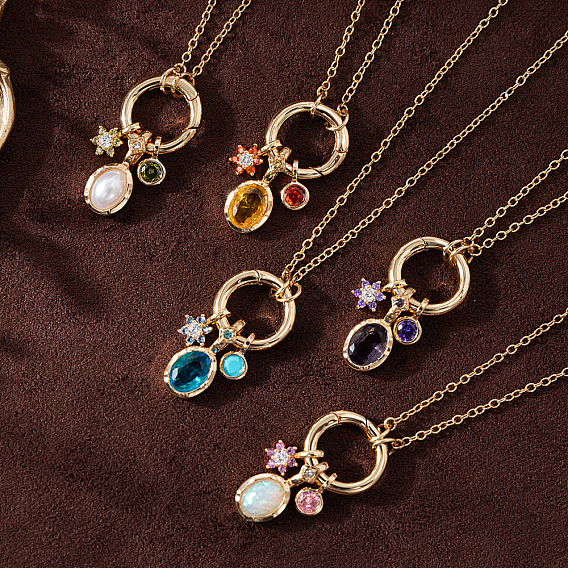 Brass Pave Cubic Zirconia Oval Flower Birth Stone Penant Necklaces with Synthetic Opal for Women, Golden