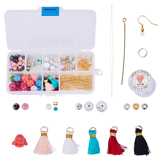 DIY Earring Making, with Dyed Natural Coral Buddha Beads, Gemstone Beads, Glass Beads and Brass Findings