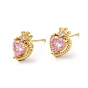 Rack Plating Brass Crown with Love Stud Earrings with Cubic Zirconia, Lead Free & Cadmium Free