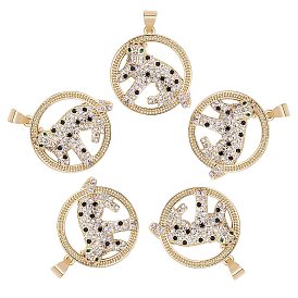 5Pcs Brass Micro Pave Colorful Cubic Zirconia Pendants, Flat Round with Leopard
