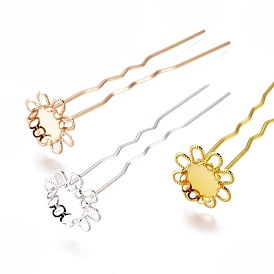 Iron Hair Fork Findings, Flower Pins, with Brass Tray Settings