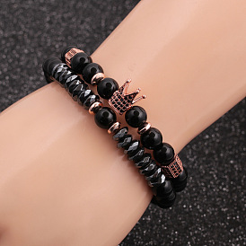 Stylish 8mm Crown Beaded Bracelet with Shiny Stones for Men