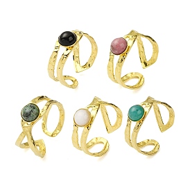 Round Natural Gemstone Finger Rings, 304 Stainless Steel Cuff Criss Cross Rings for Women, Real 18K Gold Plated