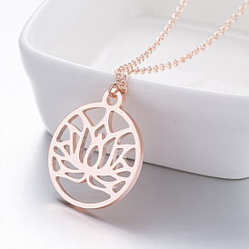 Minimalist Stainless Steel Lotus Pendant Circle Necklace for Women