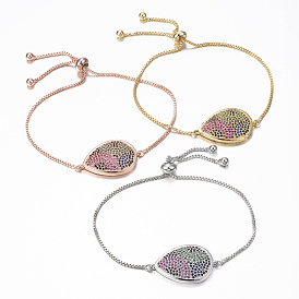 Adjustable Brass Micro Pave Cubic Zirconia Bolo Bracelets, Slider Bracelets, with Brass Box Chains, Drop