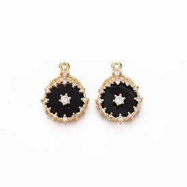 Brass Micro Pave Clear Cubic Zirconia Pendants, with Black Acrylic, Nickel Free, Flat Round