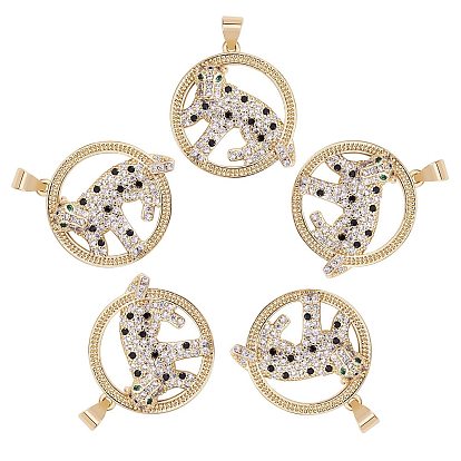 5Pcs Brass Micro Pave Colorful Cubic Zirconia Pendants, Flat Round with Leopard
