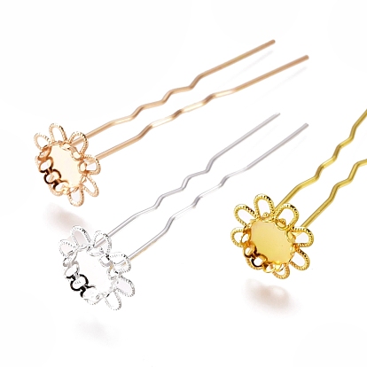 Iron Hair Fork Findings, Flower Pins, with Brass Tray Settings