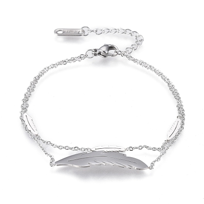 304 Stainless Steel Multi-strand Bracelets, with Cable Chains and Lobster Claw Clasps, Feather