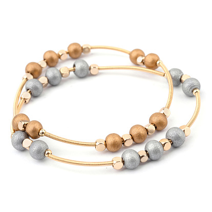Gold Metal Spring Bracelet with Candy-Colored Wooden Beads and Elastic Wire