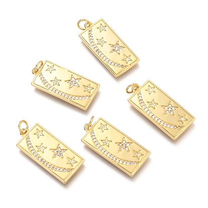 Brass Micro Pave Clear Cubic Zirconia Pendants, Rectangle with Star