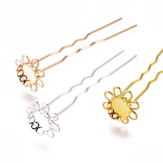 Iron Hair Fork Findings, Flower Pins, with Brass Tray Settings