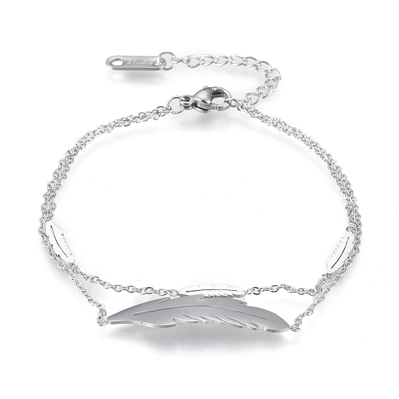 304 Stainless Steel Multi-strand Bracelets, with Cable Chains and Lobster Claw Clasps, Feather