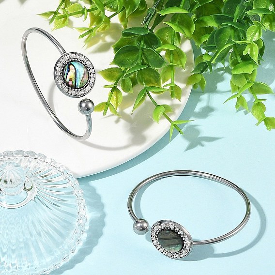 Bracelet jonc ouvert en acier inoxydable avec perle ronde et nacre d'ormeau naturelle