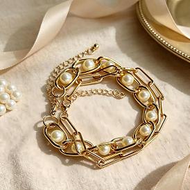 Vintage White Round Imitation Pearl Iron Chain 2-Strand Bracelets for Women, Stackable Bracelets