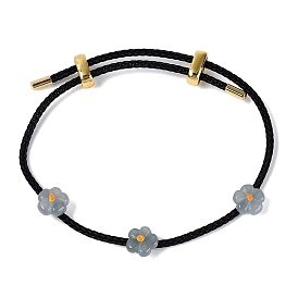 Natural Jadeite Flower Adjustable Cowhide Leather Cord Slider Bracelets with Brass Slider Beads, Black