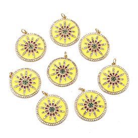 Pendentifs en laiton zircon cubique micro pavé coloré, avec émail et anneaux de saut, plat et circulaire avec fleur