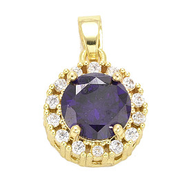 Brass Micro Pave Cubic Zirconia Pendants, Long-Lasting Plated, Real 18K Gold Plated, Flat Round
