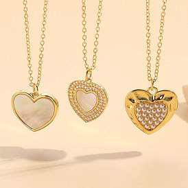Bohemian Style Heart Pearl Shell Zircon Pendant - Minimalist, Fashionable, Personalized Necklace.