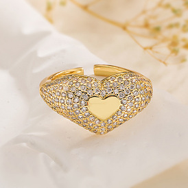 Brass Micro Pave Cubic Zirconia Cuff Rings for Women, Heart