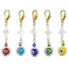 Lampwork & Glass Seed Bead Pendant Decorations, with Shell Cross, Cross wiht Evil Eye