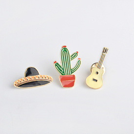 Cactus Guitar Planet Brooch Hat Pin Set with Hot Oil Droplet, Trendy Jewelry Accessories