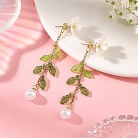 304 Stainless Steel with ABS Plastic Imitation Pearl Stud Earrings, Transparent Acrylic Flower with Leaf Charms Dangle Earrings for Women, Golden
