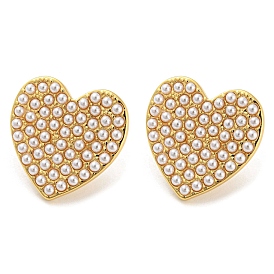 Heart Brass Stud Earrings with Plastic Pearl Beaded, Long-Lasting Plated, Cadmium Free & Lead Free