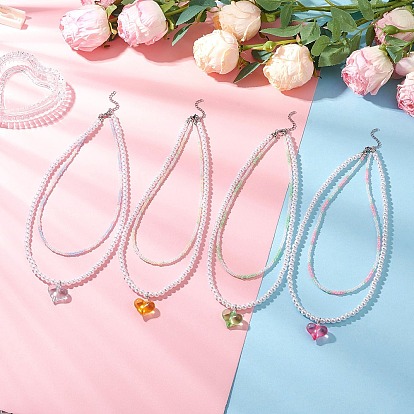 4 шт. 4 цвета акриловое сердце кулон АБС пластик искусственный жемчуг и стеклянные бусины двухслойные ожерелья, платина