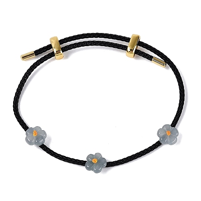 Natural Jadeite Flower Adjustable Cowhide Leather Cord Slider Bracelets with Brass Slider Beads, Black