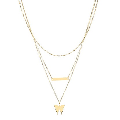 Butterfly Pendant Triple Layer Necklace Bar Satellite Chain Cross Lock Charm
