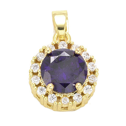 Brass Micro Pave Cubic Zirconia Pendants, Long-Lasting Plated, Real 18K Gold Plated, Flat Round