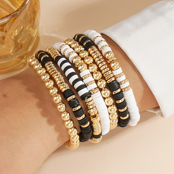 Ensembles de bracelets extensibles en pâte polymère noire et blanche avec perles heishi, bracelets empilables ajustables à plusieurs niveaux