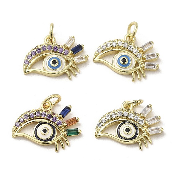Brass Micro Pave Cubic Zirconia Pendants, with Glass and Enamel, with Jump Ring, Real 18K Gold Plated, Eye