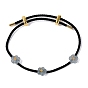 Natural Jadeite Flower Adjustable Cowhide Leather Cord Slider Bracelets with Brass Slider Beads, Black