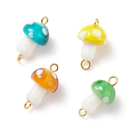 Handmade Lampwork Connector Charms, with Golden Tone Brass Double Loops, Mushroom